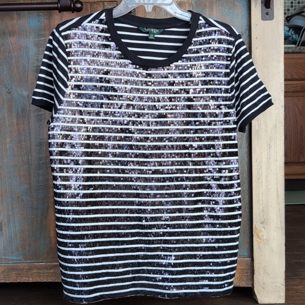 Lauren Ralph Lauren Black and White Striped Sequin Short Sleeve Tee